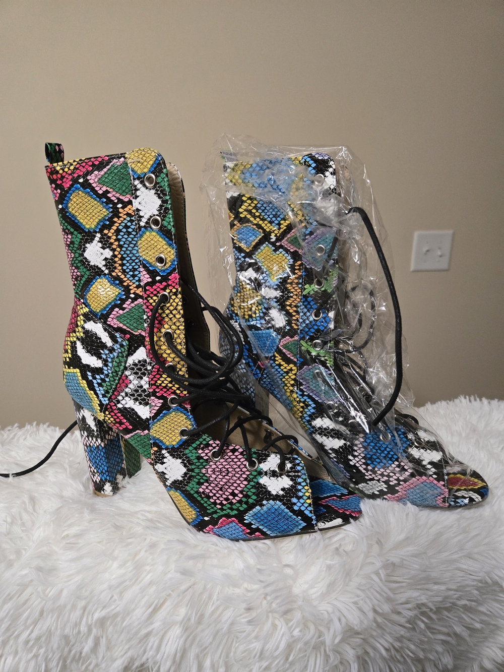 Multicolor Snakeskin Lace-Up Block Heel Boots